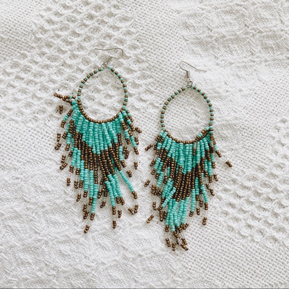 Turquoise and gold colored beaded earrings - Picture 1 of 4